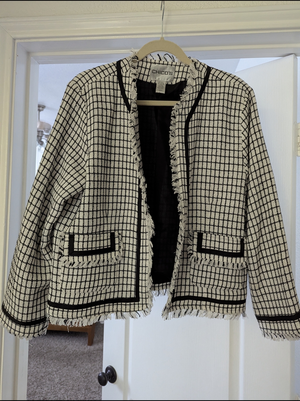 Chico's Black and White Fringed Tweed Open-Front Jacket